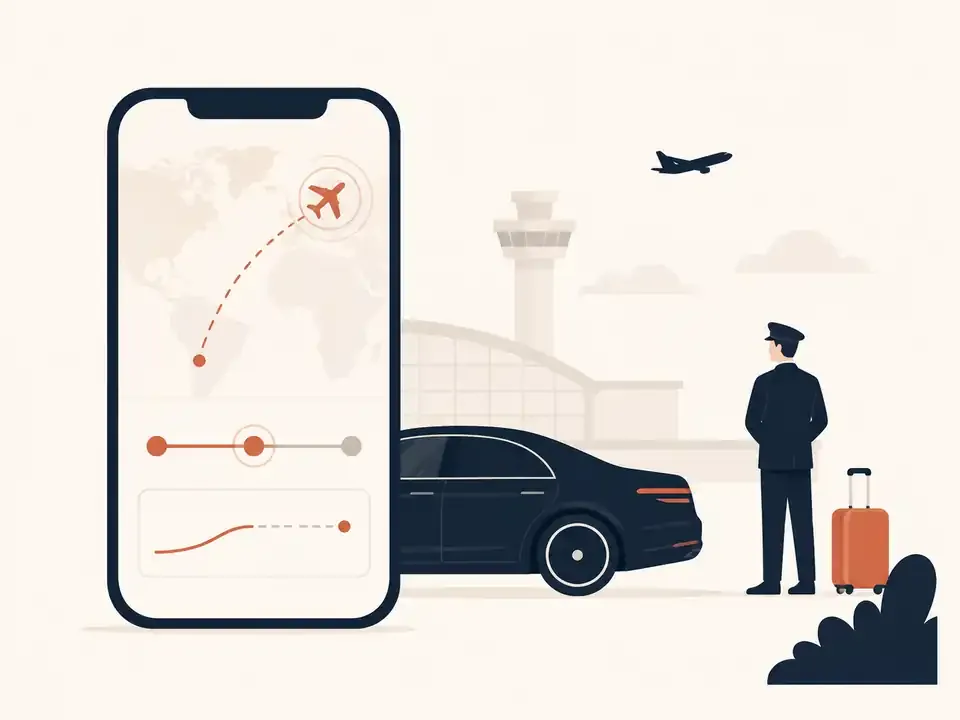 Phone showing a tracked flight and the ride ahead, chauffeur waiting beside the car