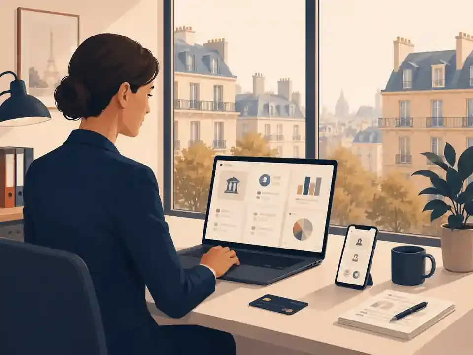 Professional organising her team’s travel from a dashboard, Paris rooftops behind