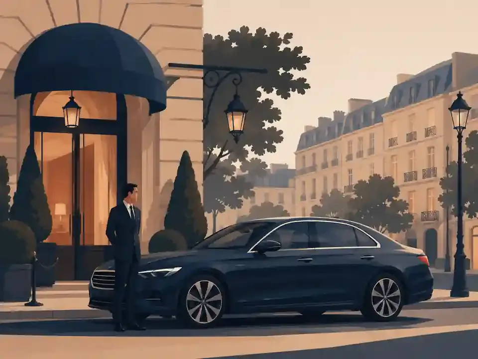 Vamo Premium: black chauffeur-driven sedan outside a Paris building