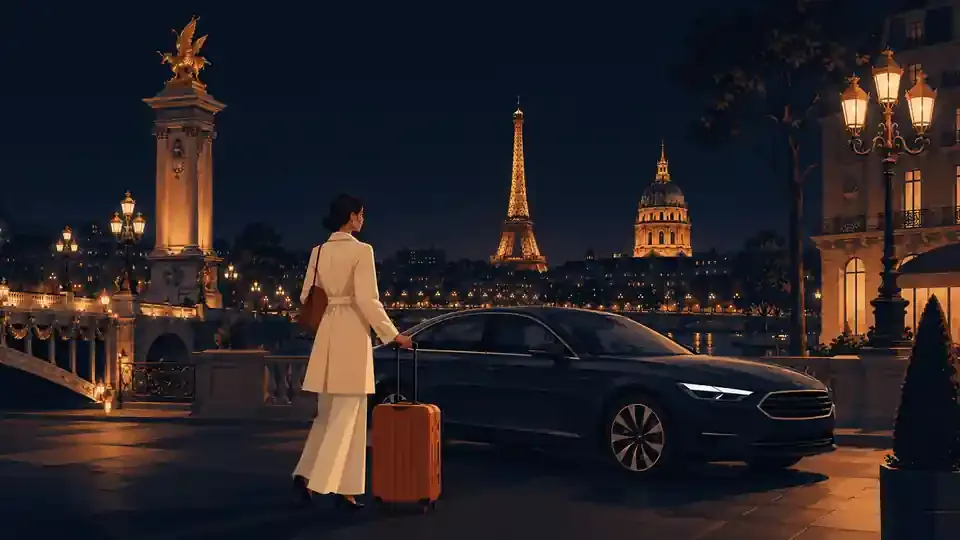 Paris by night: traveller and chauffeur-driven sedan, Eiffel Tower and Invalides lit up