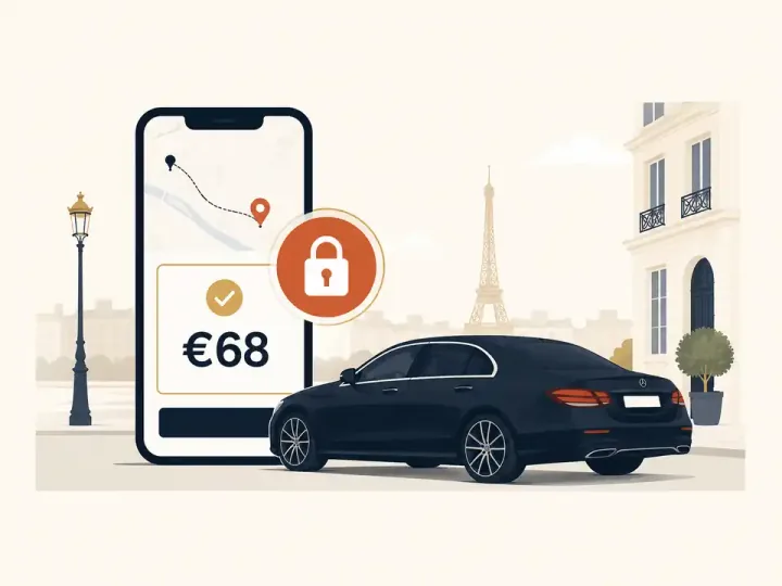 Phone showing the fixed price locked in before the ride, sedan and Eiffel Tower behind