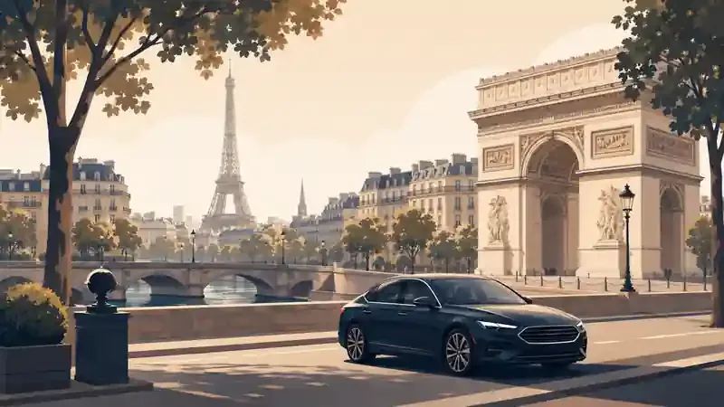 Black sedan on the Paris embankment, Arc de Triomphe and the city in the distance