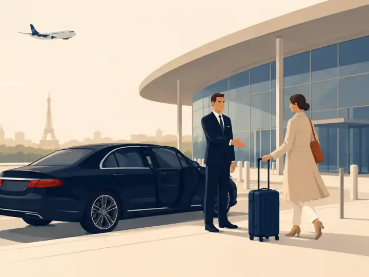 Chauffeur welcoming a traveller and her suitcase outside the airport terminal, black sedan waiting