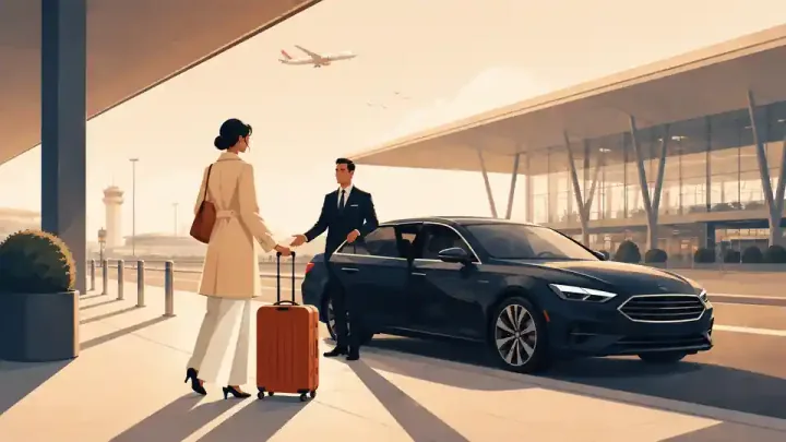 Chauffeur greeting a traveller with a handshake outside the terminal, black sedan alongside